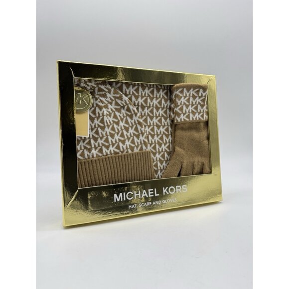 MICHAEL KORS logo knit women's  scarf +beanie hat + gloves 3 Piece set TAN - Picture 7 of 8